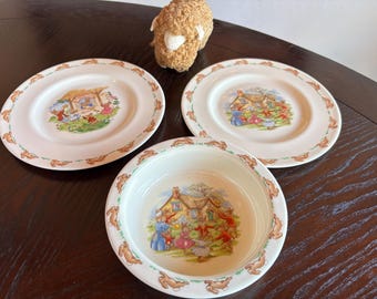 Royal Doulton Bunnykins Dishes, Cereal Coupe Bowl & 2 Plates, English Fine Bone China Child’s Set