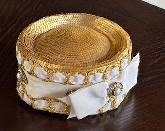 Whittall Shon Gold Sequin Pillbox Hat White Bow Pearl Trim Derby Bridal