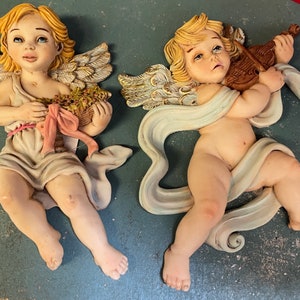 Cherub Wall Art Cast Resin Cherub Pair Mexican Ornaments, Artist Signed Angels with Instruments
