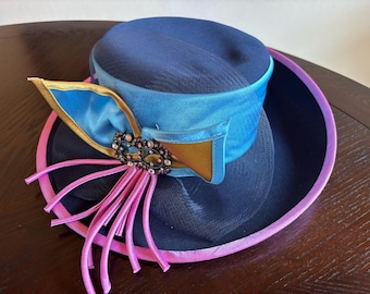 Vintage ML Studio Wide Brim Church Hat Navy Turquoise Fuchsia Gold Rhinestone Derby