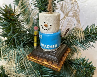 Smores Ornament #1 Teacher with Pencil, Best Teacher Appreciation Gift, Christmas Marshmallow Treat Snowman
