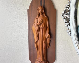 Vintage Carved Wooden Mary Wall Plaque Gothic Arch Sacred Heart Relief 19in