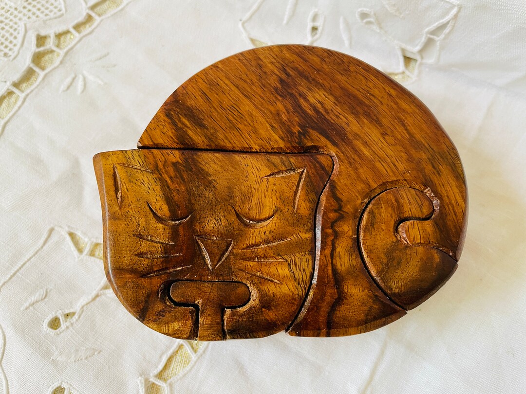Wooden Cat Puzzle Box Carved Secret Compartment Handcrafted Etsy