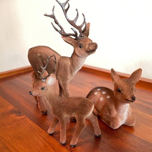 Vintage German Flocked Reindeer, Antlered Deer Figurines, DEKO Made in Germany Rudolf, Christmas Decor