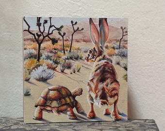 Karine Swenson Ready Set Go Tortoise Hare Wood Block Art Giclee Desert Animal Decor