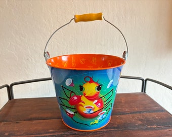 Miss Spider Tea Party Sand Pail, Metal Tin Litho Bucket, Schylling Children’s Beach Toy, Vintage