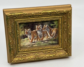 Stephen Gayford Three Amigos Tiger Cubs Mini Print Ornate Gold Frame 5.25x4.25