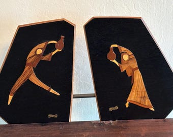 Vintage Israeli Wood Inlay Wall Plaques Pair Folk Art Dancers, MCM Judaica