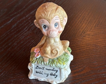 Don’t Monkey with my Baby Figure, Bisque Ceramic Monkey Figurine, Vintage New Baby Gift