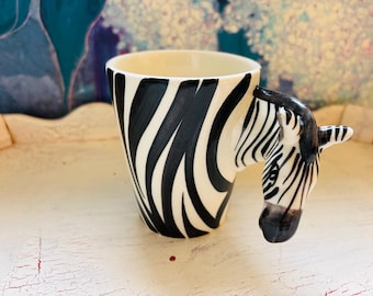 Zebra Head Handle Mug | Black White Ceramic