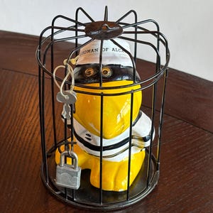 May include: A ceramic figurine of a yellow bird wearing a black mask and a white hat with the text "Birdman of Alcatraz" is inside a black metal cage. A key and padlock hang from the cage. The bird has black and white striped clothing.