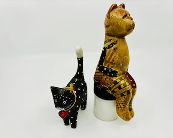 Bruka Sweden Cat Shelf Sitter, Vintage Swedish Wood Cat Figure Folk Art Cat Pair