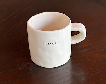 Rae Dunn SAVOR Mug Typewriter Font White Ceramic 8 oz Cup