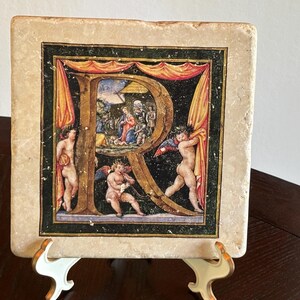 Vatican Library Monogram R Tile Cherub Nativity Marble Wall Plaque Religious Decor