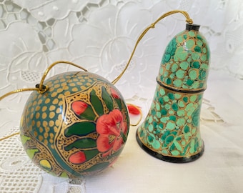 Kashmir Paper Mache Ornaments, Pair, Vintage India Hand Painted Christmas Bell and Floral Xmas Ball