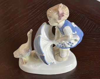 Vintage Goose Umbrella Girl Porcelain Figurine