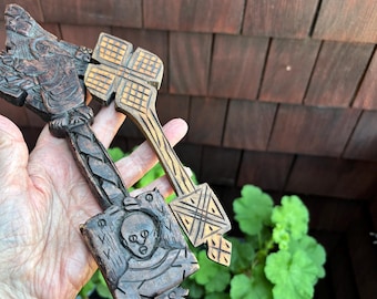 Pair Ethiopian Coptic Prayer Crosses Hand Carved Wood Church Staffs
