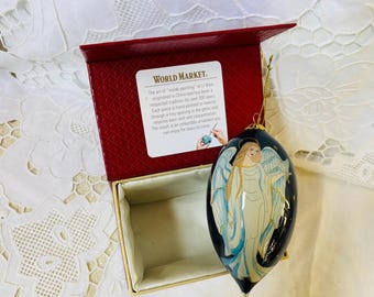 Li Bien Angel Ornament, Blue and White Angel Glass Hand Painted Ornament in World Market Box