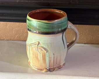 Hand Thrown Pottery Stoneware Mug, Green Brown Drip Glaze Artisan Signed SM