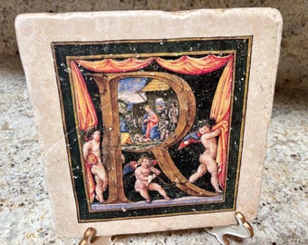Vatican Library Monogram R Tile Cherub Nativity Marble Wall Plaque Religious Decor