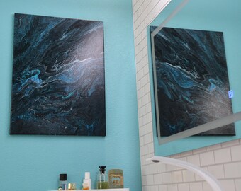 20 x 16" -- Blue Steel -- Premium Acrylic Paint Artworks - QUALITY Stretched Canvas - mysterious blue room marble shiny aqua magenta