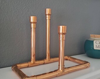 Three Pillar Candle Holder - Copper Industrial Pipe. Great for romantic dinners! Makes beautiful anniversary gift!