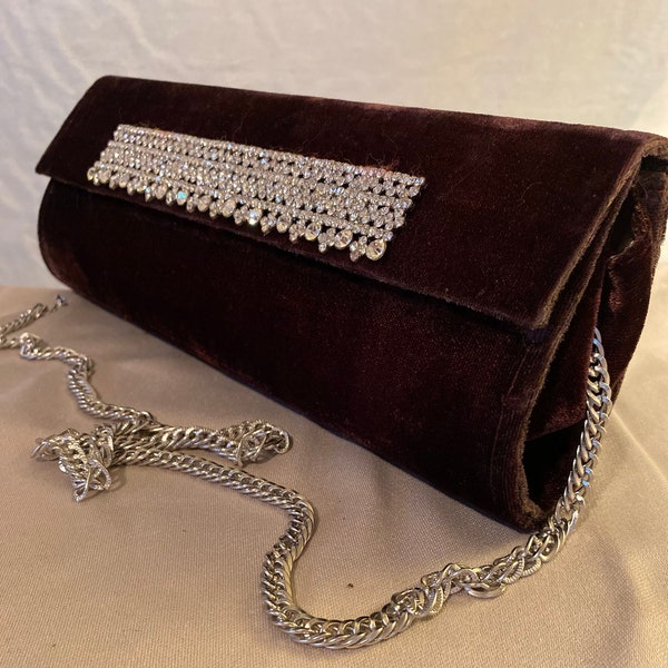 Brown velvet clutch with diamonte details