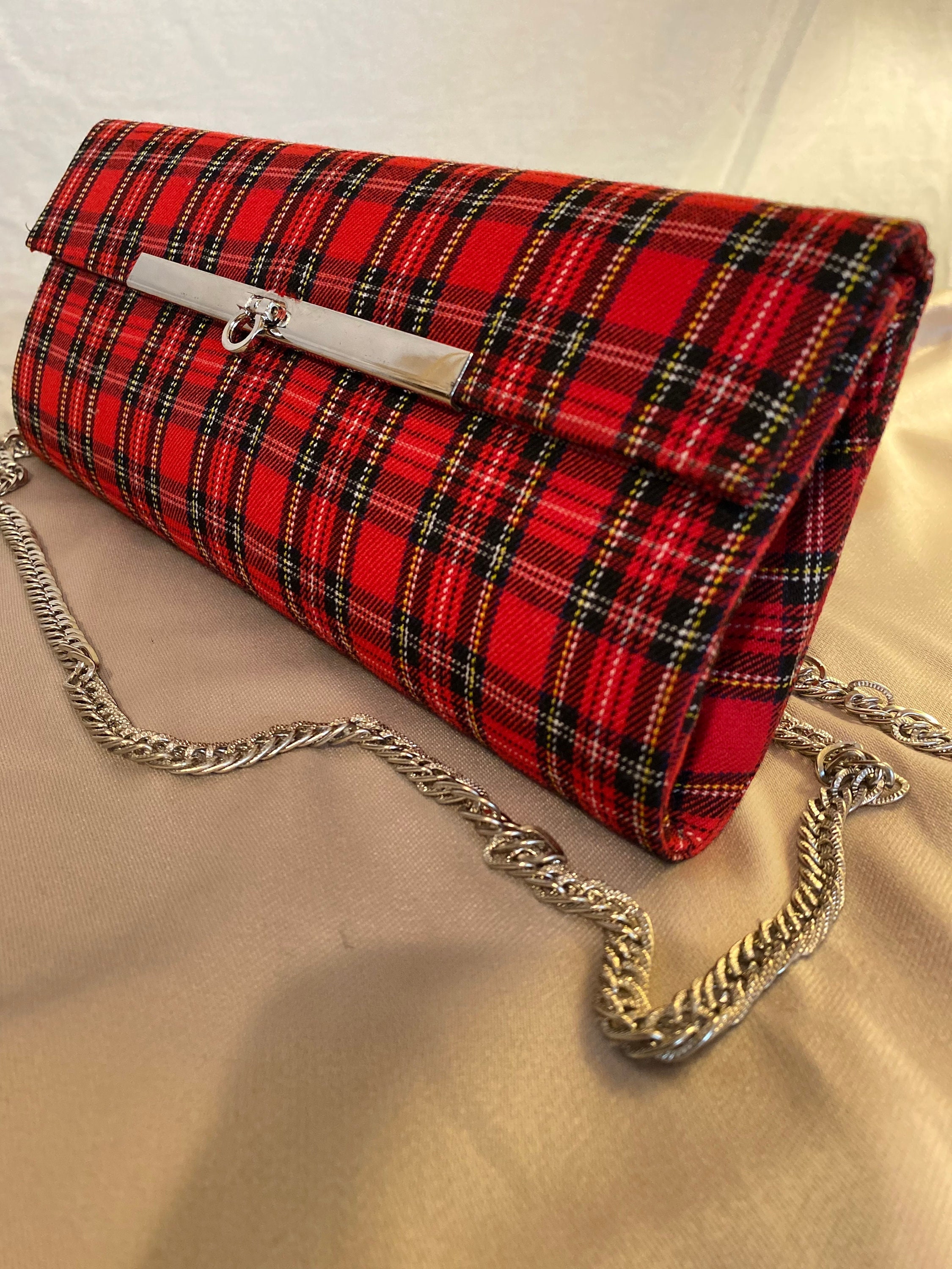 Chloe C Clutch with Chain- Plaid Red