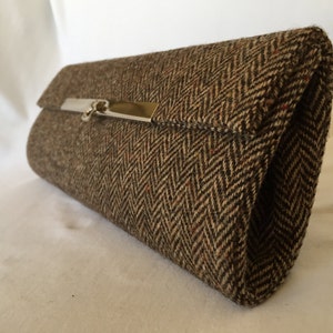 Elegant handmade brown tweed  Clutch bag made from traditional British fabric, with chrome clasp, detachable chain, a small inside pocket