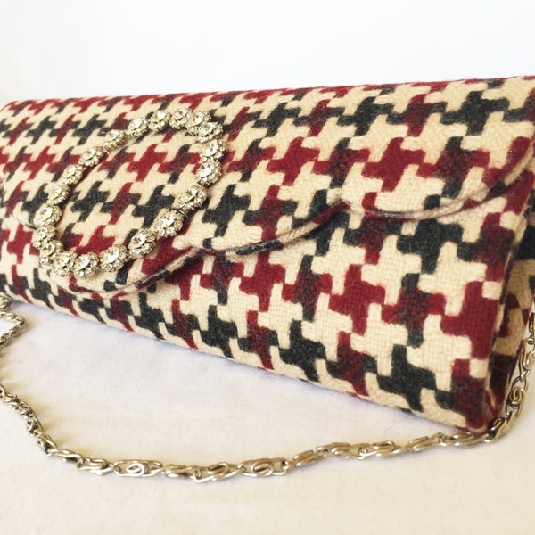 Elegant hand made Burgandy& Beige  tweed  Clutch bag made with British fabric, with diamonte detail, detachable chorme chain,  a small insid