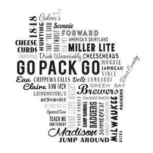 May include: A black and white graphic of the state of Wisconsin, filled with text. The words include "Go Pack Go," "Brewers," "Badgers," and other Wisconsin-related terms and phrases. The shape of the state is clearly defined.