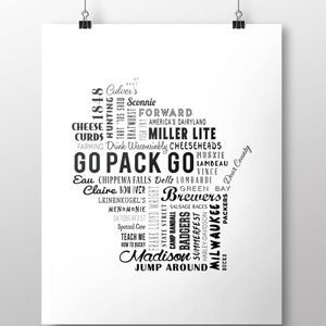 May include: A black and white print featuring a map of Wisconsin, filled with words like "Go Pack Go," "Brewers," and "Madison." The design includes text related to Wisconsin culture, food, and sports teams.