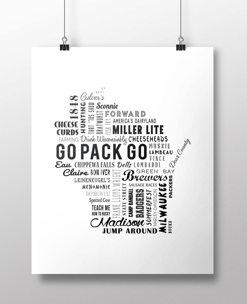 May include: A black and white print featuring a map of Wisconsin, filled with words like "Go Pack Go," "Brewers," and "Madison." The design includes text related to Wisconsin culture, food, and sports teams.