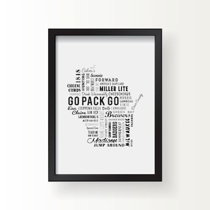 May include: A framed print featuring a black and white design in the shape of Wisconsin. The design is filled with text, including "Go Pack Go," "Brewers," and "Madison."