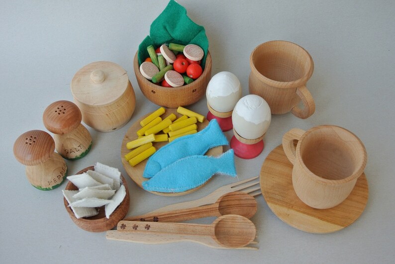Wooden food toys. Wooden play food. Play wood dish set. Wooden Etsy