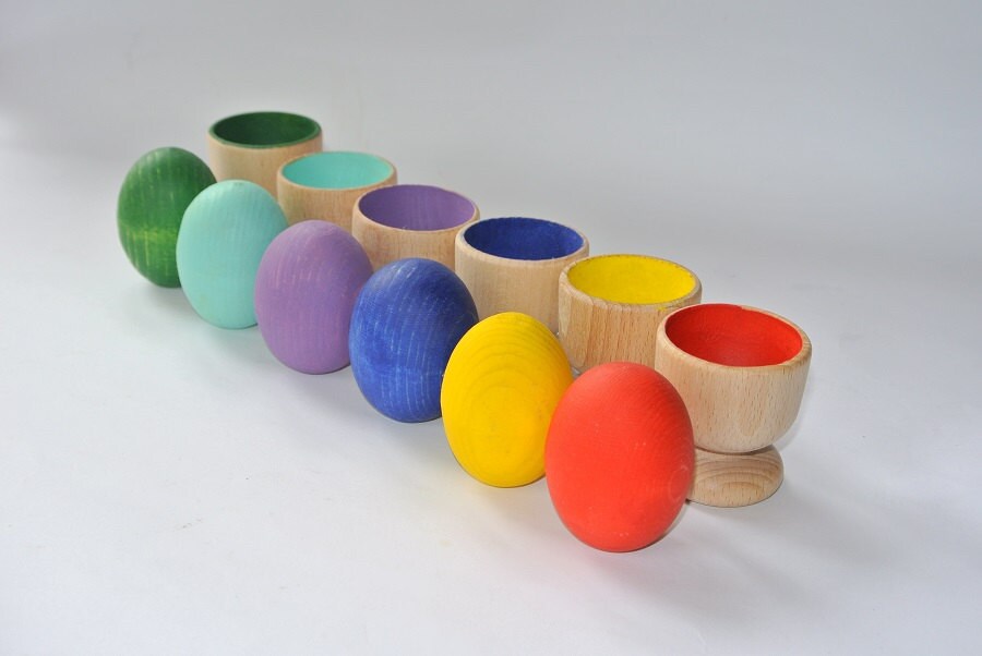Sorting eggs. Stacking toy. Wood rainbow eggs. Wooden eggs. Etsy