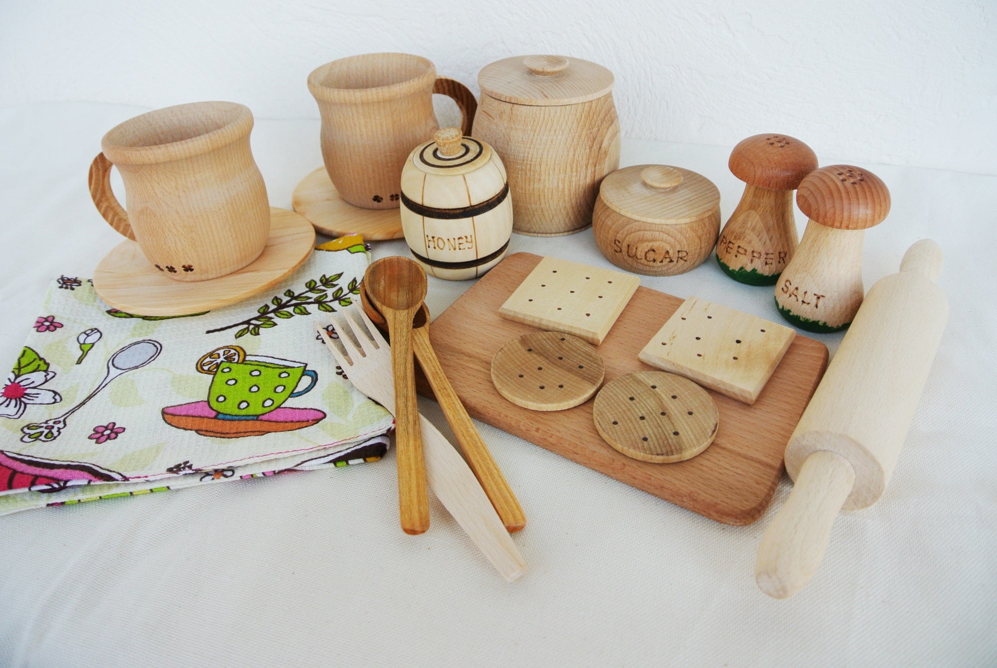 Wooden tea set. Play food. Wood dishes set. Play kitchen set. Etsy