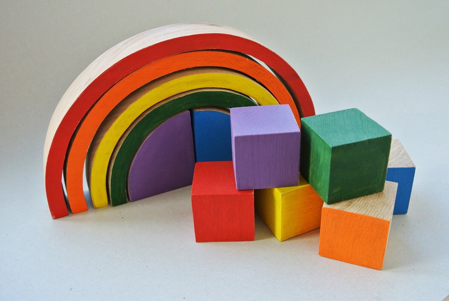 Rainbow stacker and blocks. Wood rainbow. Stacking toy. Etsy