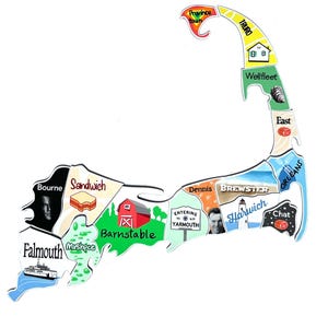 May include: A colorful illustration of Cape Cod, Massachusetts, featuring town names and landmarks. The map-like design includes images of a ferry, a barn, and portraits. The towns are labeled in black text, with a white background.