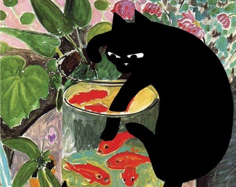 matisse goldfish with cat, famous paintings with cats, defaced paintings, cat and fish, bad cat, black cat