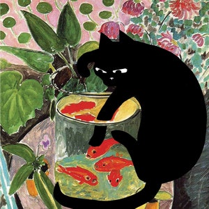 matisse goldfish with cat, famous paintings with cats, defaced paintings, cat and fish, bad cat, black cat