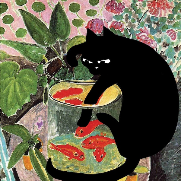 matisse goldfish with cat, famous paintings with cats, defaced paintings, cat and fish, bad cat, black cat