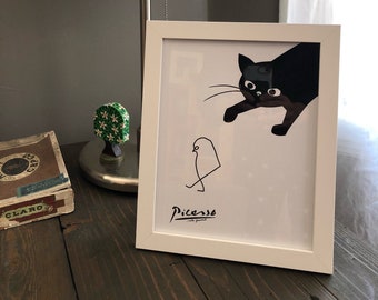print of picasso bird with cat, cat stalking bird, defaced art, famous art with cats
