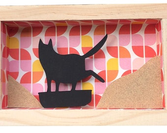 Funny Black Cat Paper Cut Diorama, Wooden Shadow Box