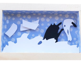 Funny Cat Paper Cut Diorama, Framed Shadowbox Art