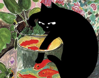 poster of matisse goldfish with cat, matisse poster, famous paintings with cats, defaced paintings, cat and fish