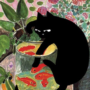 poster of matisse goldfish with cat, matisse poster, famous paintings with cats, defaced paintings, cat and fish