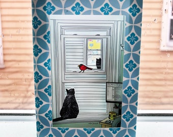 3D Paper Art, Two Cats and Bird, Cambridge Scene