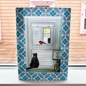 3D paper art with 2 cats and a bird, cat looking out a window, indoor cat, tiny art, paper, cambridge mass scene, cut paper