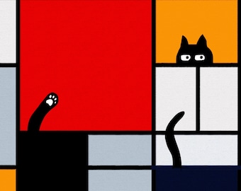 print of mondrian with cat added, famous paintings defaced, black cat